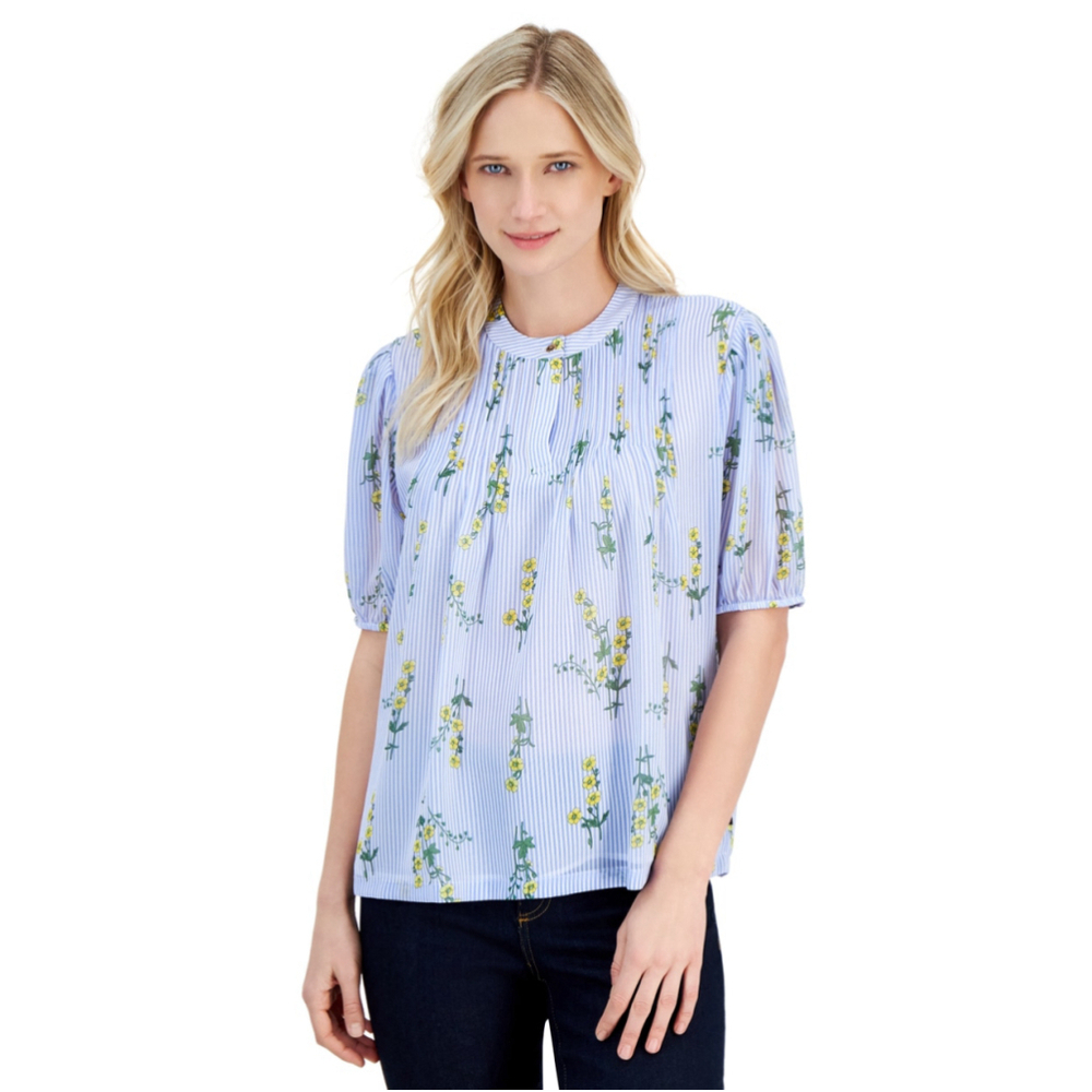 Nautica Jeans Women's Medium Blue Stripe Floral Cotton Sailor Popover Top NWT